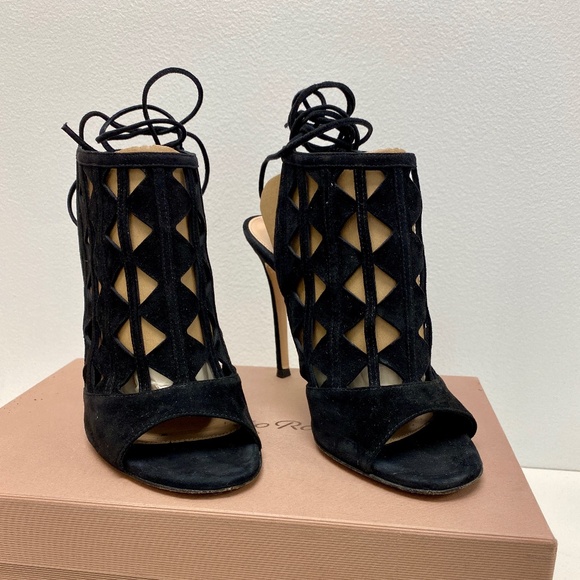 GIANVITO ROSSI BLACK SUEDE CUTOUT MAXINE SANDALS SIZE 38.5 - Picture 2 of 5